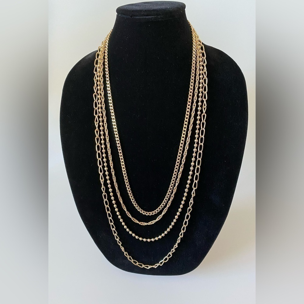 Necklace Multiple Chains Gold Tone Vintage Fold Over Clasp